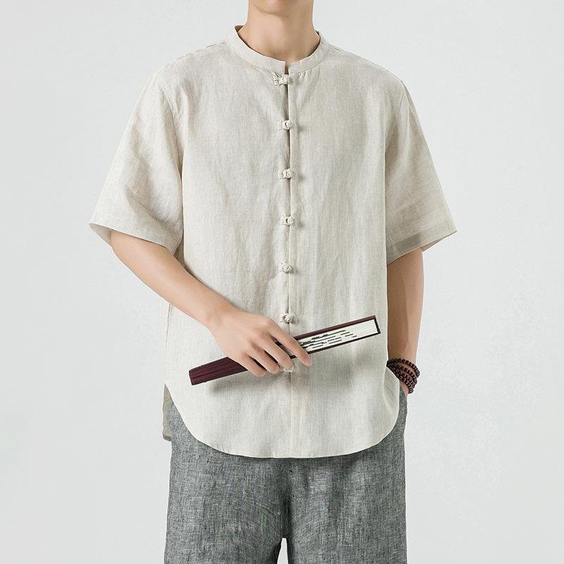 メンズ 流行り物 成人男性服  成人男性用 半袖プルオーバー 麻 原料品 レトロ 名取り草 ゆったり 気が大きい大きさ 心地よい 普段使い走り 夏 通い 出で立つ 余暇 冷やりとした 通気性 軽さ 分かりやすい 無地