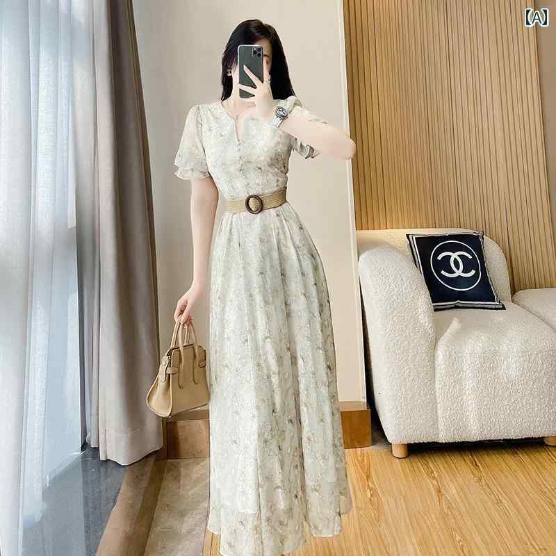 レディース ファッション 服 オシャレ カワイイ 女性用 シンプル 大人カワイイ 大きいサイズ 婦人服 海辺 休暇 バカンス フレンチ 花柄 ドレス スリム ハイエンド ロング スカート|リコット