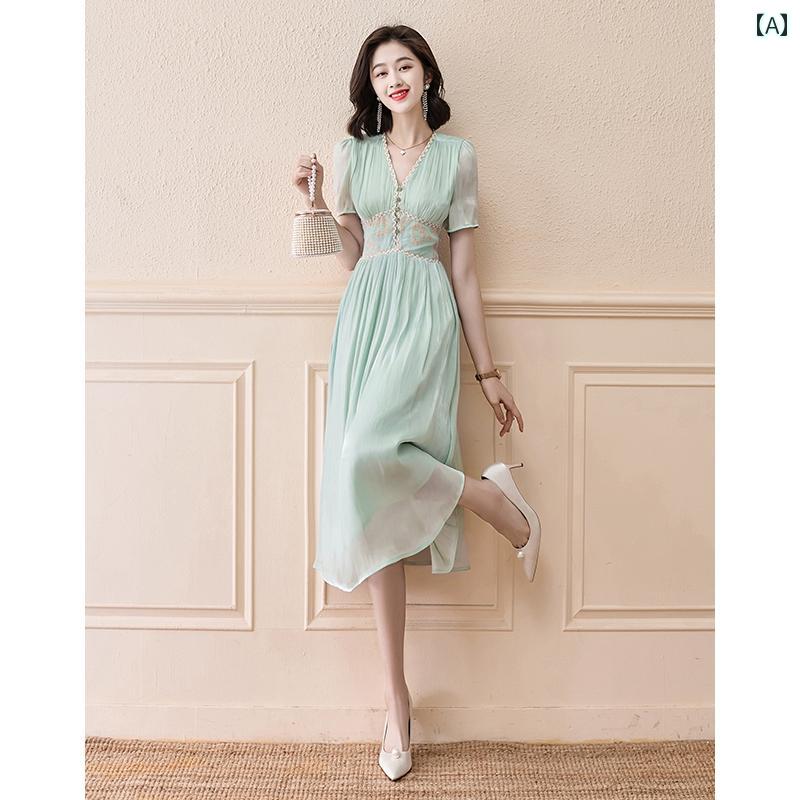 レディース ファッション 服 オシャレ カワイイ 女性用 シンプル 大人カワイイ 大きいサイズ 婦人服 フレンチ シフォン ドレス 夏 ハイエンド ウエスト スリム ロング スカート|リコット