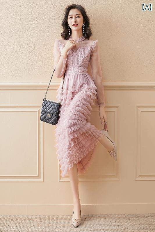 レディース ファッション 服 オシャレ カワイイ 女性用 シンプル 大人カワイイ 大きいサイズ 婦人服 フレンチ ケーキ ドレス 夏 ファッション レース ピンク ロング スカート ドレス|リコット