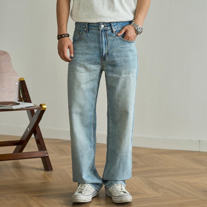 メンズ ファッション 服 男性用 オシャレ シンプル 大人 かっこいい ストリート ウォッシュ加工 ライト ブルー クラシック レトロ ストレート ジーンズ アメリカン ストリート カジュアル パンツ