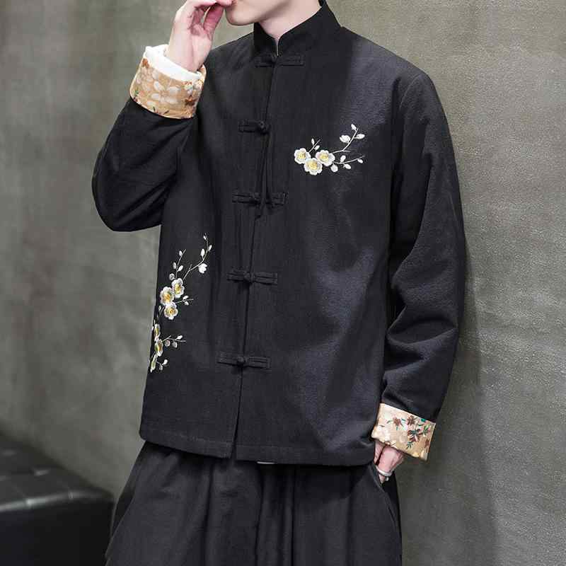 メンズ 流行り物 成人男性服  漢服 成人男性用 秋 冬 綿 麻 梅花 レトロ  厚地の外套 生あたたかい 今めかしい 軽さ ゆったり 普段使い走り 通い 柄 言い慣わし柄 綿織物 リネン 雑ぜ合わせる ロング丈 照明ランプ色つや