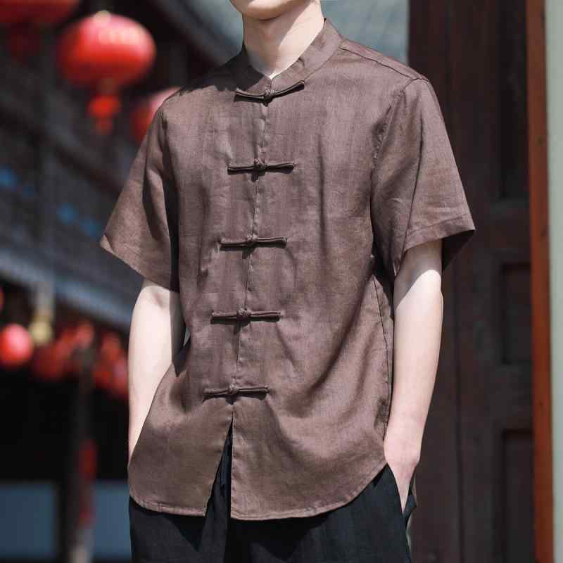 ティーシャツ 成人男性用 夏 薄っぺら リネン 半袖 ゆったり  レトロ 名取り草 アジアン 唐装風