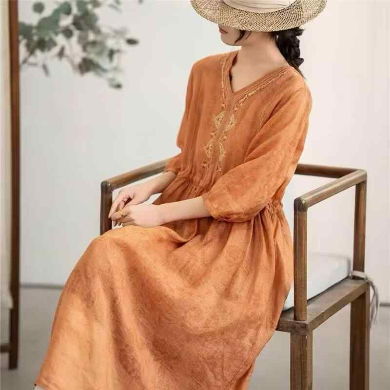 秋コーデ レディース ファッション ハイエンド 軽量 ハイエンド ラミー Vネック ワンピース 女性用 ウエスト リネン ロング スカート
