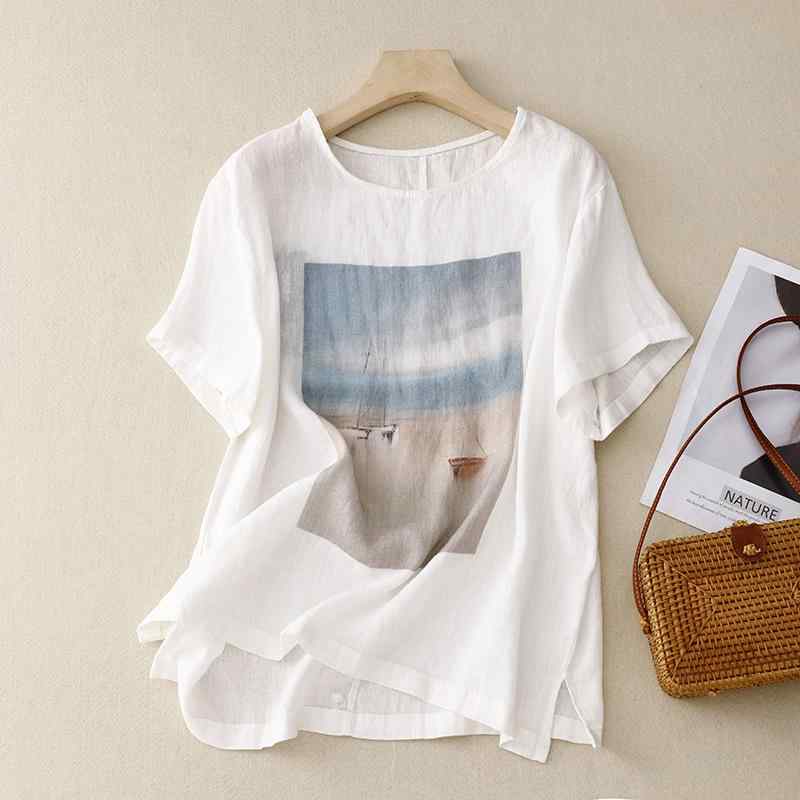 秋コーデ レディース ファッション ハイエンド コットン リネン プリント 半袖 Tシャツ カジュアル リネン ラミー トップス