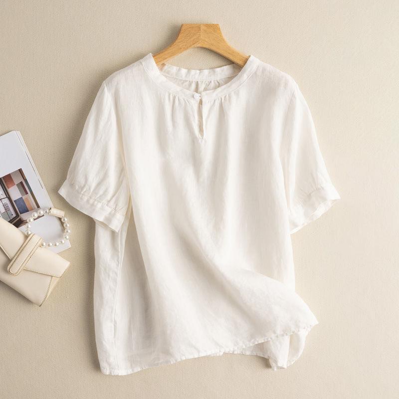秋コーデ レディース ファッション 綿麻 半袖 Tシャツ 夏服 ハイエンド 大きいサイズ ゆったり リネン シャツ トップス