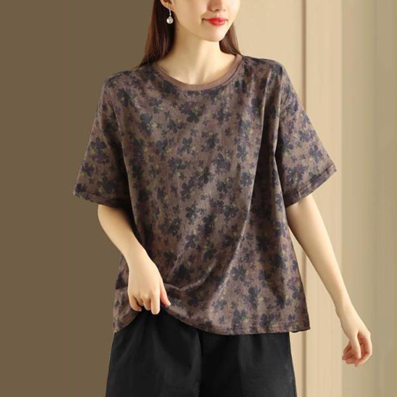 秋コーデ レディース ファッション ラウンドネック ゆったり プチサイズ 半袖 Tシャツ 女性用 花柄 大きいサイズ トップス |リコット