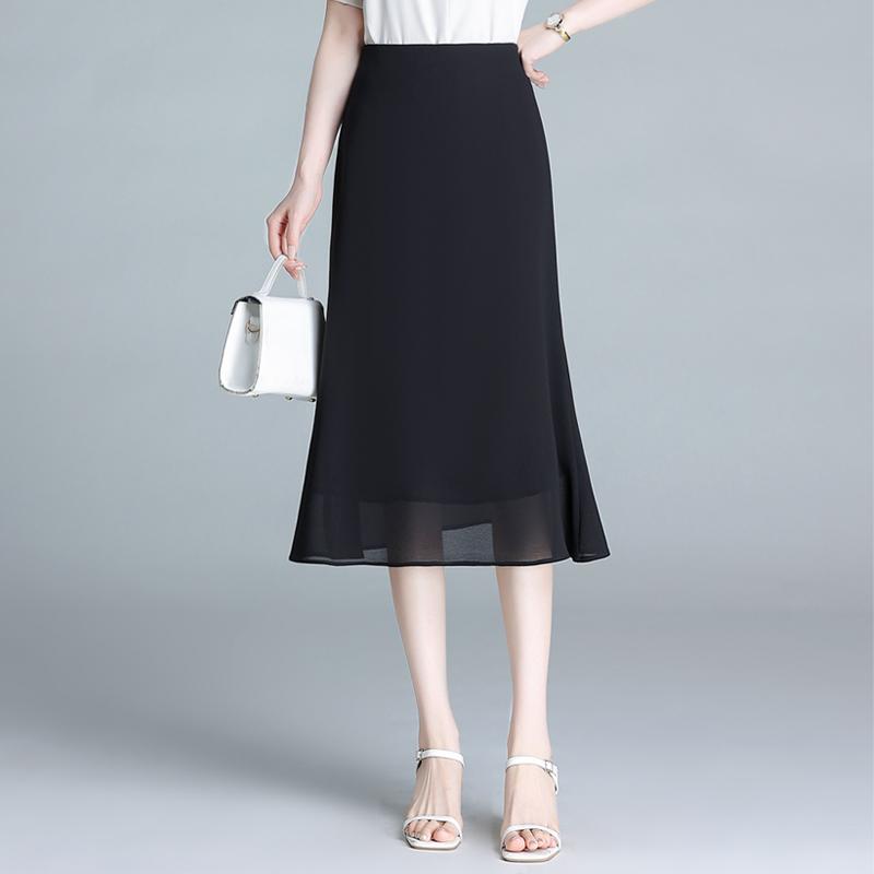 秋コーデ レディース ファッション ワンステップ スカート ブラック Aライン ミディアム 薄手 フリル スカート シフォン フィッシュテール