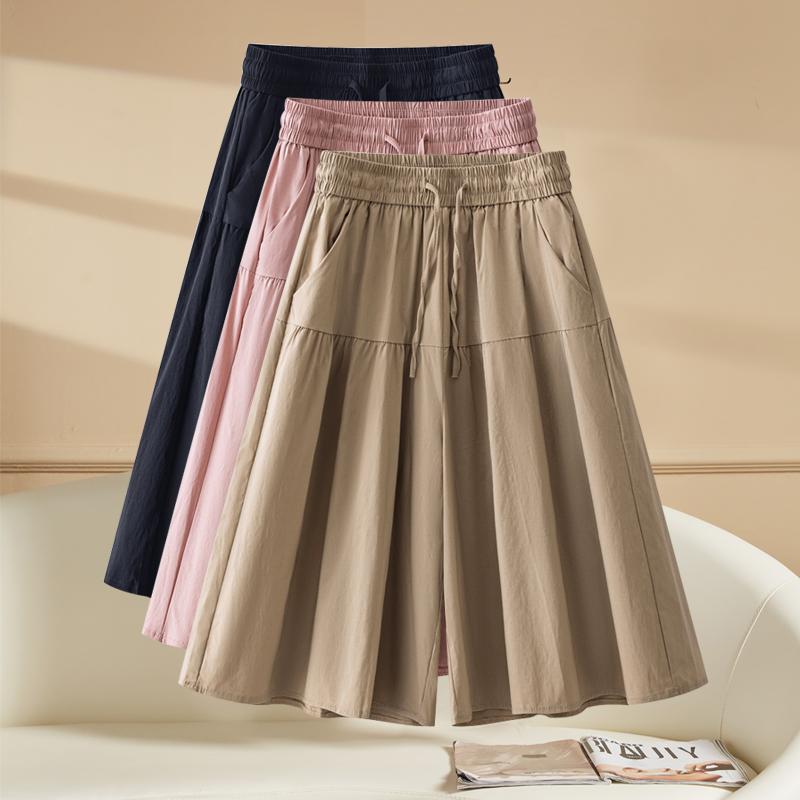 秋コーデ レディース ファッション 七分丈 ワイドレッグ パンツ 伸縮性 ストレッチ ストレッチ ウエストドローストリング ゆったり 薄手 カジュアル ハーフ スカート