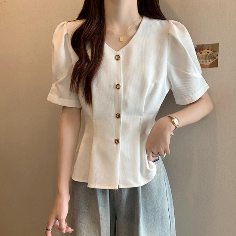 秋コーデ レディース ファッション ハイエンド フレンチ Vネック ストレート ショルダー 半袖 シャツ ウエスト お シフォンブラウス トップス