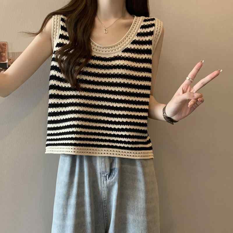秋コーデ レディース ファッション 春夏 女性用 フレンチ ストライプニット ボトム キャミソール ノースリーブ トップス