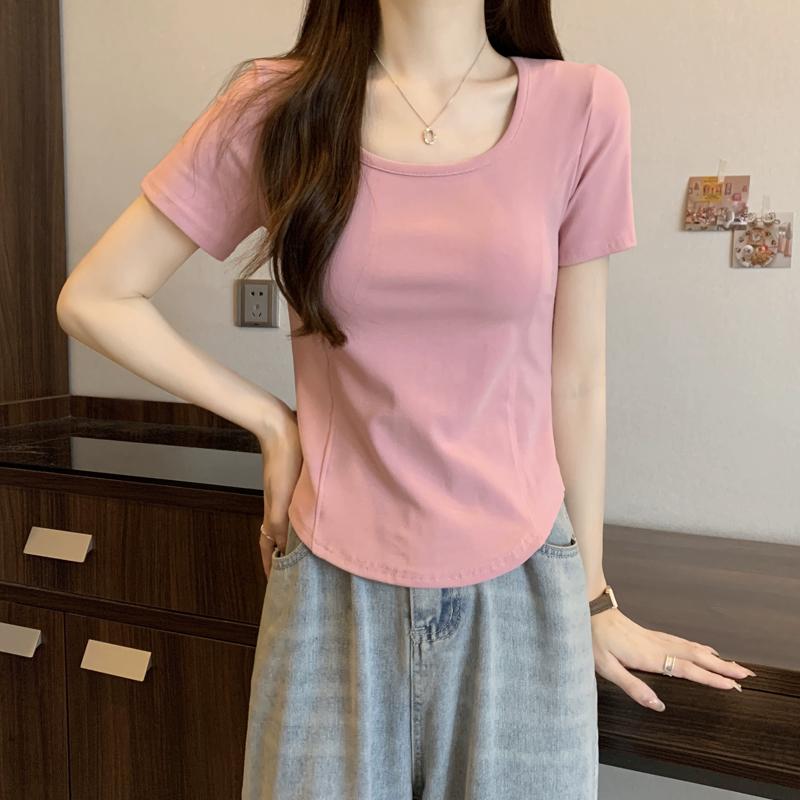 秋コーデ レディース ファッション 女性用 ストレート ショルダー 半袖 Tシャツ 薄手 ピンク トップス