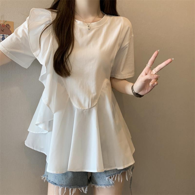 秋コーデ レディース ファッション 大きいサイズ フレンチ フリル ホワイト シフォン シャツ ウエスト シック トップス