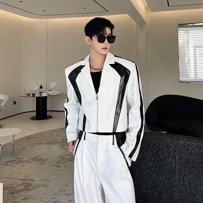 メンズ ファッション 服 男性用 オシャレ シンプル 大人 かっこいい ストリート スーツ パテント PUレザー 黒 白 ワイドレッグ パンツ 2点 セット