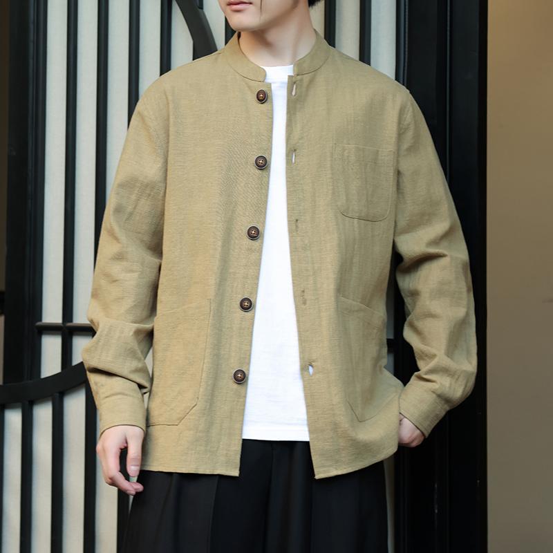 メンズ 流行り物 服 成人男性用 オシャレ 分かりやすい 成年者 かっこいい 表どおり  リネンプルオーバー 上衣 薄っぺら 綿 リネン 長袖 プルオーバー 上着 背広 漢服