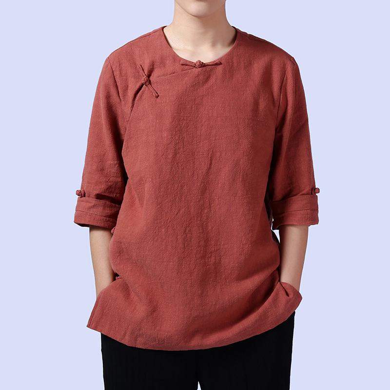 メンズ ファッション 服 男性用 オシャレ シンプル 大人 かっこいい ストリート 綿 リネンシャツ 七分袖 襟 リネン 斜め襟 仏教 シャツ
