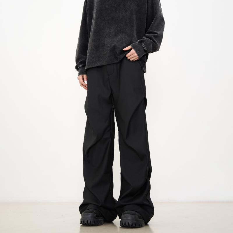 メンズ ファッション 服 男性用 オシャレ シンプル 大人 かっこいい ストリート アメリカン プリーツ フレア カジュアル パンツ ハイエンド ストレート ブラック