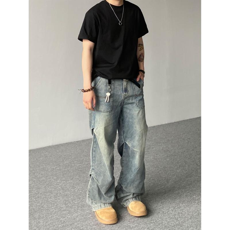 メンズ ファッション 服 男性用 オシャレ シンプル 大人 かっこいい ストリート アメリカン レトロ プリーツ ワーク ジーンズ 男女兼用 ゆったり ワイドレッグ カジュアル パンツ