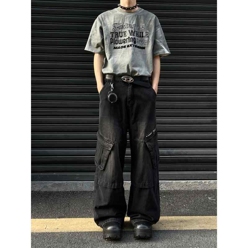 メンズ ファッション 服 男性用 オシャレ シンプル 大人 かっこいい ストリート ジッパー ポケット ワーク ジーンズ 男女兼用 ゆったり ヒップ ホップ ワイドレッグ ロング パンツ