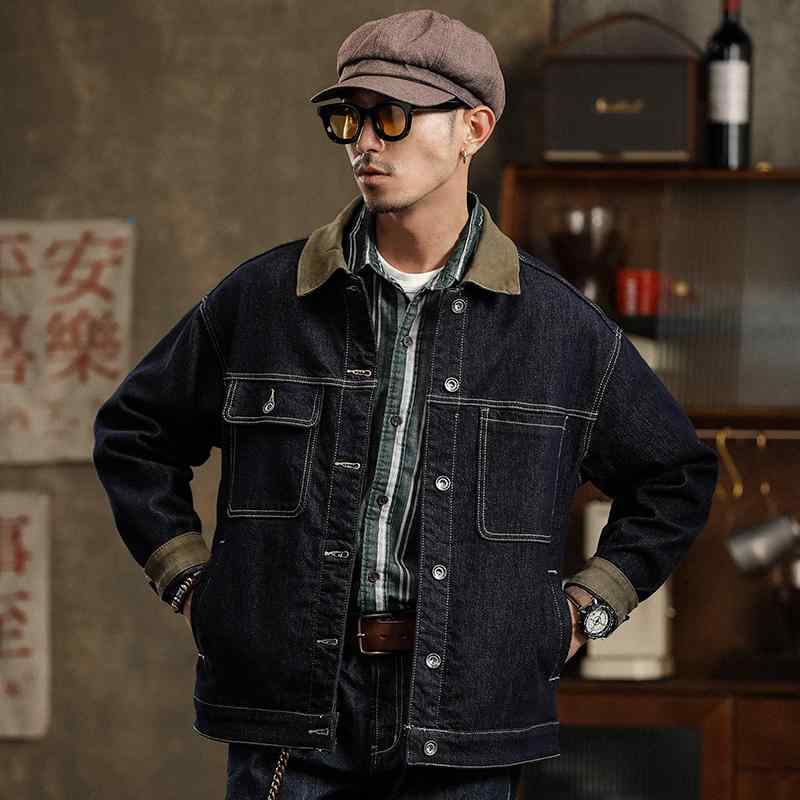 秋　冬 コーデ メンズ 服 シンプル ファッション オシャレ 大人 かっこいい 大きいサイズ ストリート 紳士服 アメリカン ヘビー レトロ デニム ウォッシュデニム ジャケット カラー ブロック カジュアル ワークウェア アウター