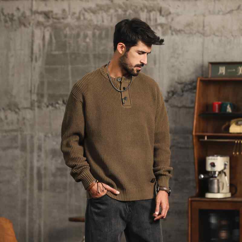 秋　冬 コーデ メンズ 服 シンプル ファッション オシャレ 大人 かっこいい 大きいサイズ ストリート 紳士服 ハイエンド アメリカン レトロ ヘンリー カラー セーター プルオーバー｜リコット