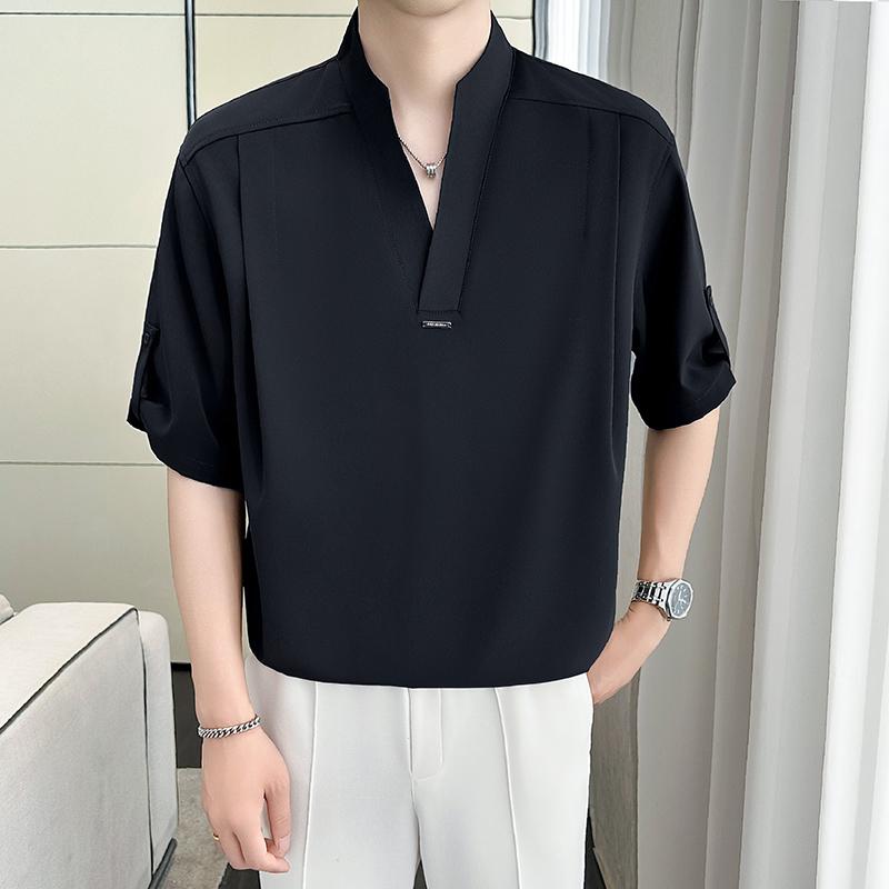 メンズ ファッション 服 男性用 オシャレ シンプル 大人 かっこいい ストリート 半袖 シフォン シャツ スタンドカラー ゆったり ポロカラー シャツ
