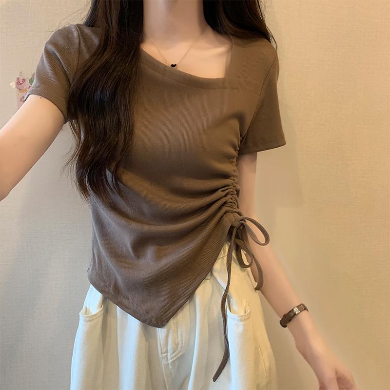 秋コーデ レディース ファッション 女性用 春夏 スリミング ドローストリング 半袖 Tシャツ ガール スリムフィット イレギュラー トップス