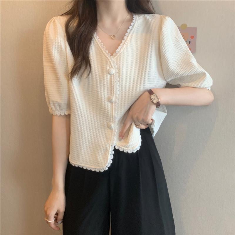 秋コーデ レディース ファッション 女性用 夏服 スリム フレンチ パフスリーブ Vネック トップス スタイリッシュ 半袖 Tシャツ ブラウス