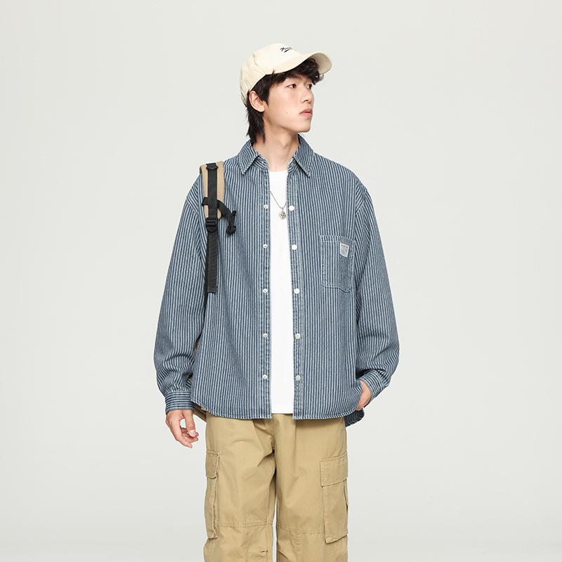 メンズ 流行り物 成人男性服 ティーシャツ 成人男性用 レトロ 長袖 ジーンズ 縞模様  春 上衣 綿織物 入り合わせる ビンテージ風 心地好い 通い 普段使い走り アウトドア 軽さ 伸縮性 伸ばすこと