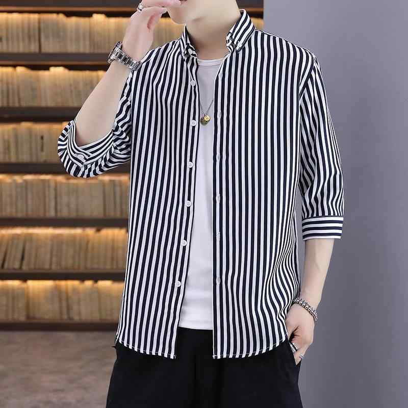 メンズ ファッション 服 男性用 オシャレ シンプル 大人 かっこいい ストリート ストライプ シャツ スリム ミドルスリーブ 七分袖 半袖 ジャケット