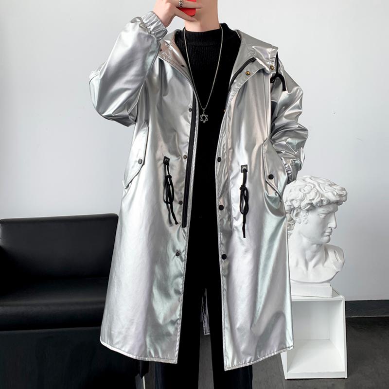 メンズ 流行り物 服 成人男性用 オシャレ 分かりやすい 成年者 かっこいい 表どおり コーデ  ウィンドブレーカー PUなめし革 上衣 光輝 シル ボンネット付き添い人 厚地の外套