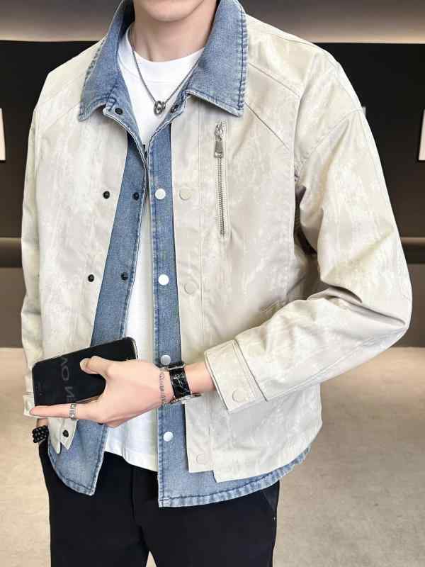 メンズ 流行り物 服 成人男性用 オシャレ 分かりやすい 成年者 かっこいい 表どおり コーデ  上衣 フェイクツーピース 厚地の外套 ジーンズ トップス