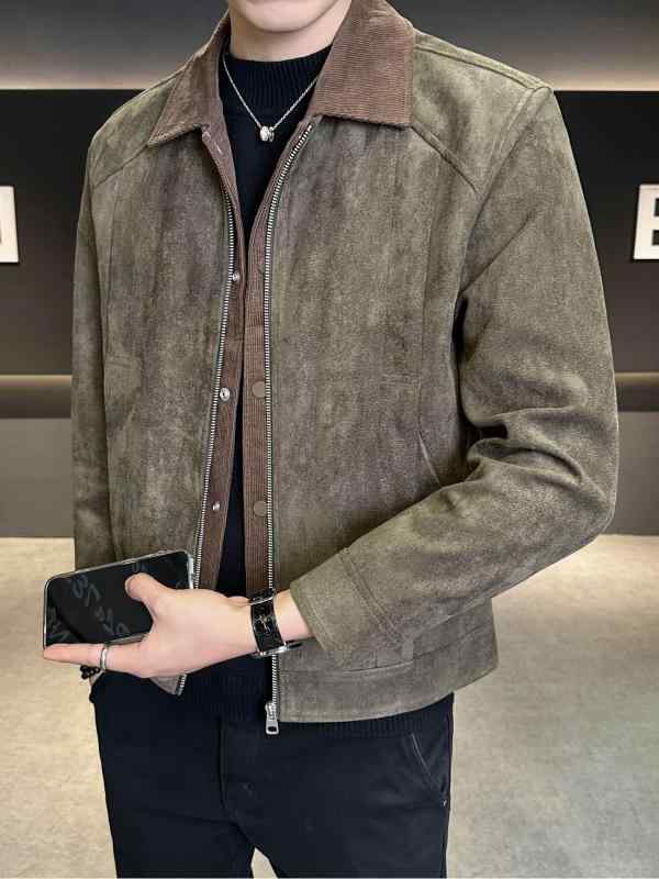 メンズ 流行り物 服 成人男性用 オシャレ 分かりやすい 成年者 かっこいい 表どおり コーデ  フェイクツーピース 厚地の外套 上衣 スエードクロス トップス