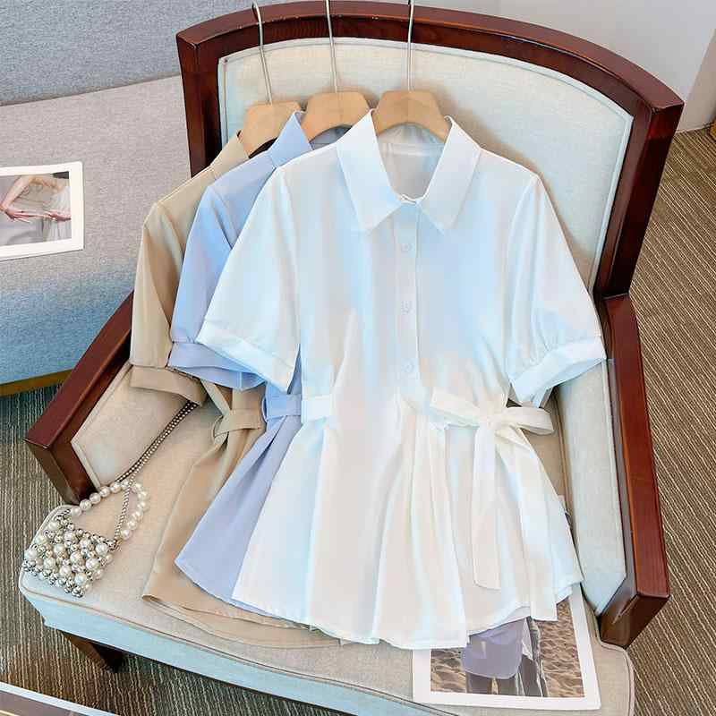 秋コーデ レディース ファッション 大きいサイズ フレンチ シフォン ホワイト 半袖 シャツ 女性用 夏 スリミング ウエスト トップス