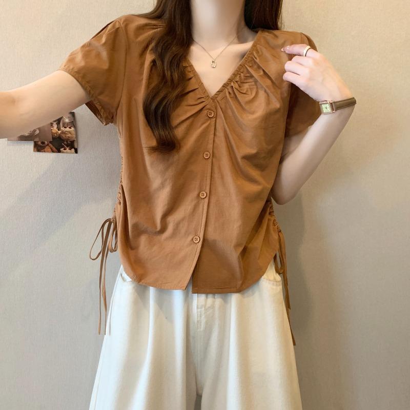 秋コーデ レディース ファッション フレンチ シック 半袖 シフォン シャツ スリム ウエスト Vネック ストレート ショルダー Tシャツ トップス