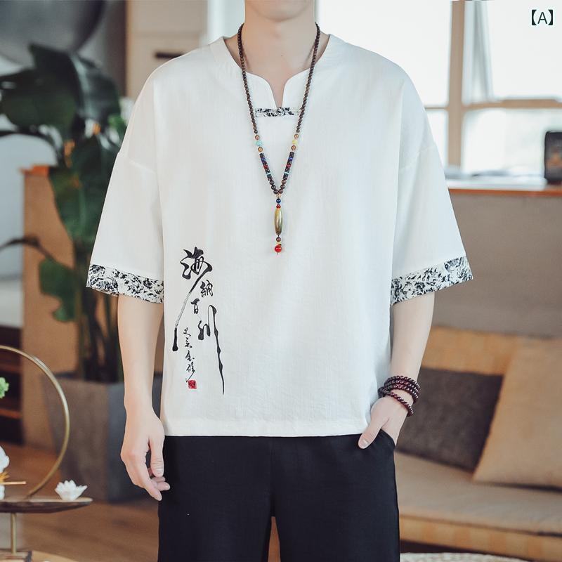 メンズ ファッション 服 男性用 オシャレ シンプル 大人 かっこいい ストリート リネン 半袖 ネック 半袖 シャツ トップス 唐装綿麻 シャツ 薄手