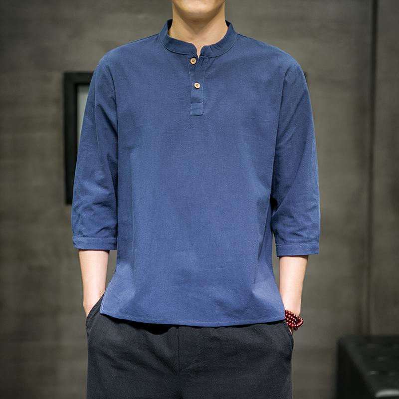 メンズ ファッション 服 男性用 オシャレ シンプル 大人 かっこいい 大きいサイズ ストリート 紳士服 綿　麻 七分丈 半袖 Tシャツ レトロ アジアンテイスト 大きいサイズ スタンドカラー 七分袖 夏