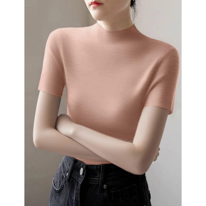 レディース 大人 きれいめ シンプル 上品 着回し ベーシック カジュアル ナチュラル ロングシーズン ハイネック 半袖 ニット Tシャツ スリム フィット 着映え インナー ウェア ベースレイヤートップ