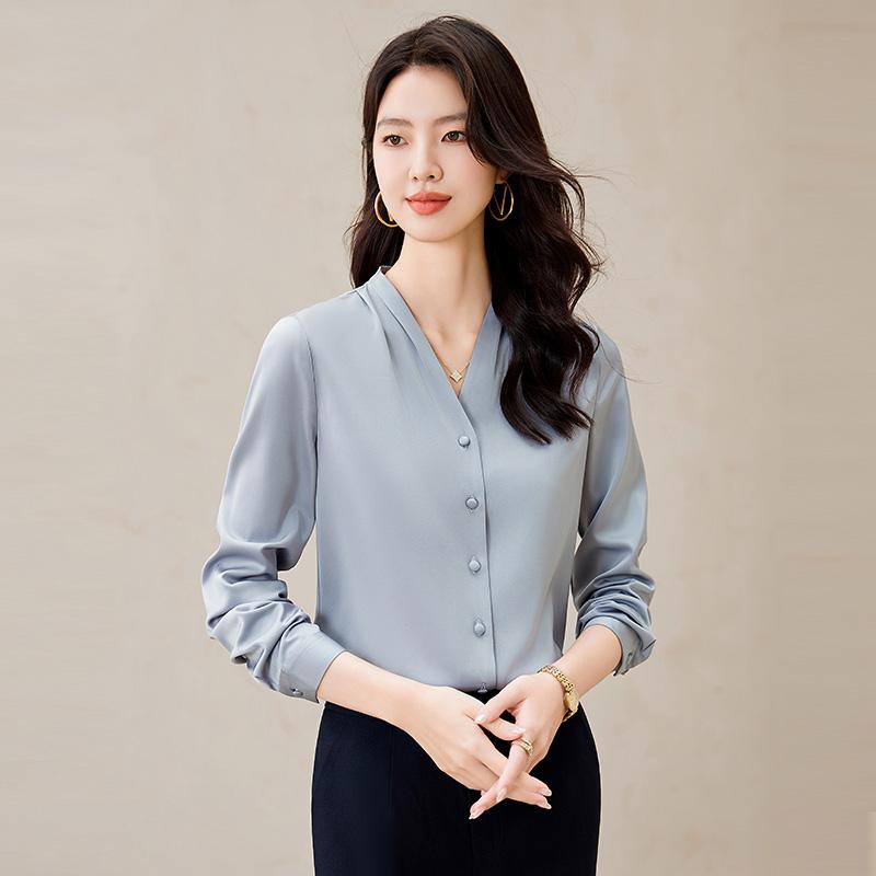 秋服 レディース ファッション オシャレ カワイイ シンプル 大人カワイイ 大きいサイズ グレー Vネック サテン シャツ 長袖 秋 ハイエンド シャツ スーツ スタイル フォーマル トップス
