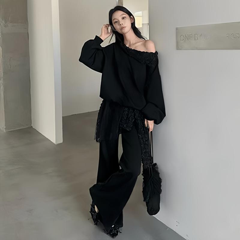 愛くるしげ 背広 レディース 仕掛ける 黒いこと オフショルダー メッシュ トレーナー ワイドレッグ ズボン下 仕掛ける