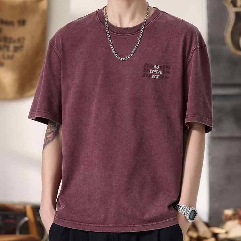 バーガンディ色 ダメージ加工 半袖 Tシャツ 綿 通気性 抜群 ゆったり カジュアル メンズ Tシャツ