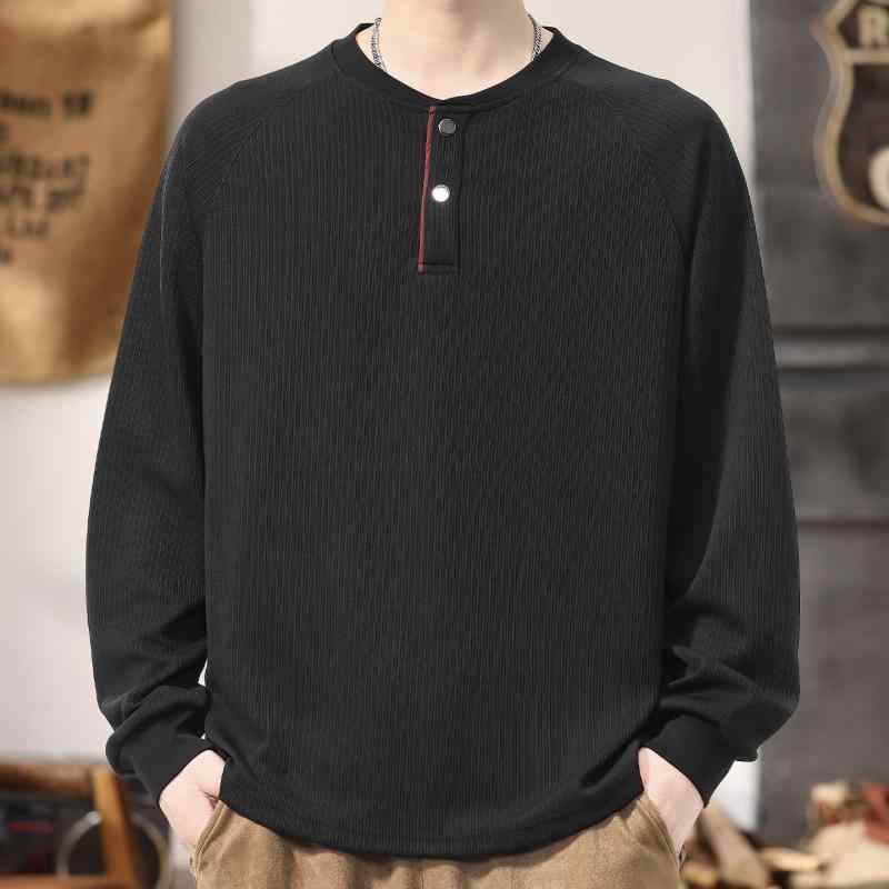 春　秋 コーデ ハーフ ボタン カジュアル スウェット シャツ メンズ 大きいサイズ ブラック 長袖 Tシャツ 快適 ベース シャツ メンズ 衣料