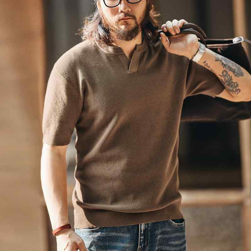 アメリカン オールドスタイル ニット Vネック 半袖 Tシャツ メンズ 夏 スタイル 大人コーデ カジュアル トップス