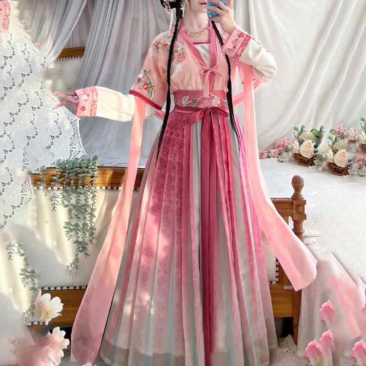 唐代 漢服 レディース アジアンテイスト ラウンドネック ウエスト プリーツスカート セット 普段着