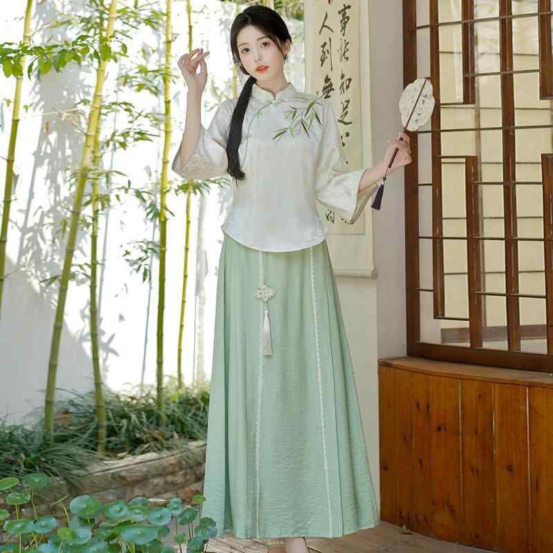 アジアンテイスト ドレス ツーピース セット レディース 普段着 レトロ 漢服 ワンピース トップス |リコット