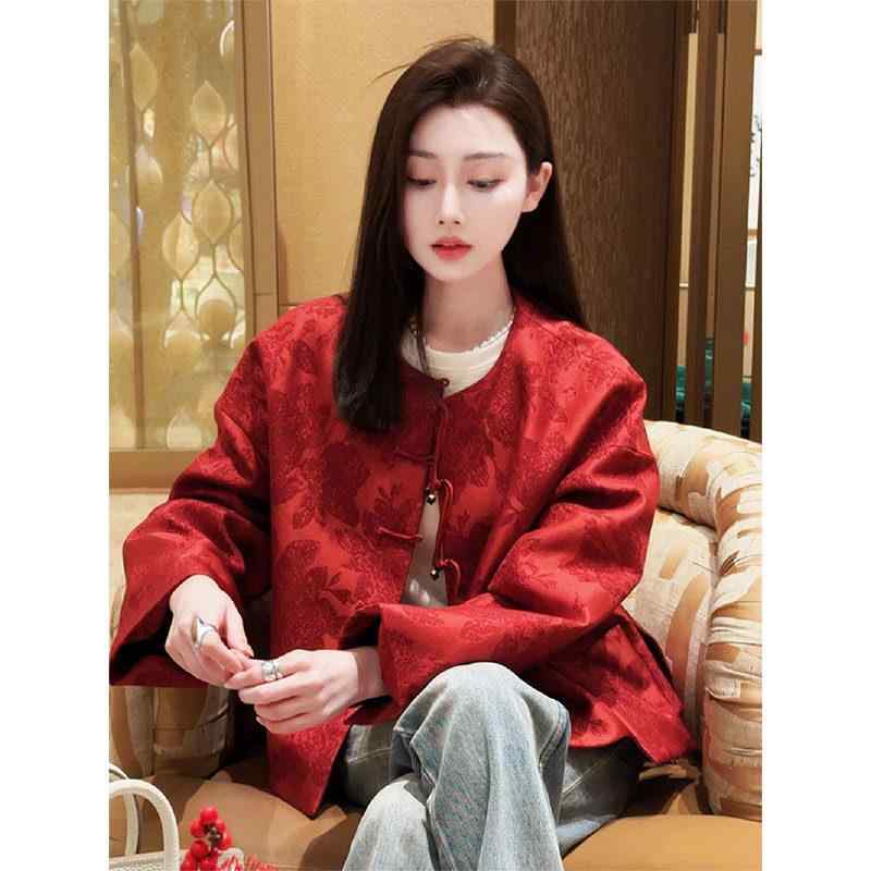 お上さん服 レディース 唐装 服 蛙名取り草付き添い人 フロッグボタン 赤 厚地の外套 レディース トップス アウター