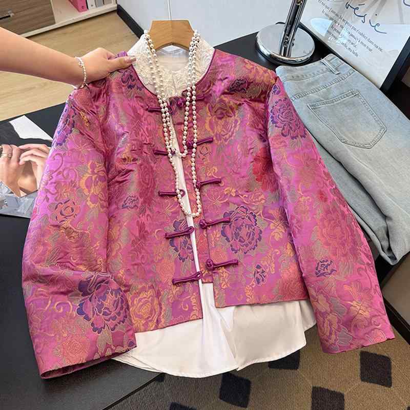レディース レトロ 繻子 ジャカード 唐装 トップス 丸首 蝦 名取り草 漢服 上衣 トップス アウター
