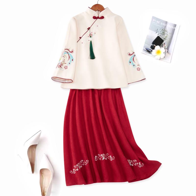 レディース 唐装 漢服 ウール セット レトロ 民族風 服 ツーピース |リコット