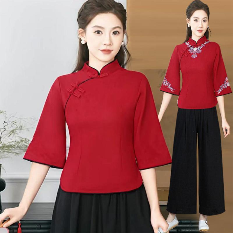 レディース 赤 トップス 漢服 紅茶 御召しもの レトロ アジアンテイスト 唐装 エスニック 綿 リネン トップ