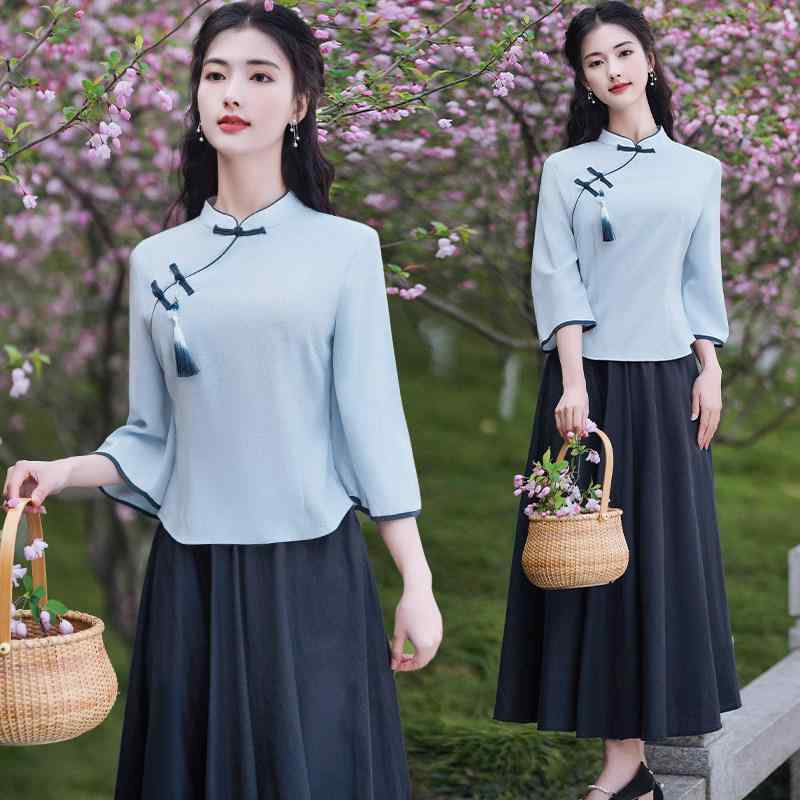 レディース レトロ 綿　麻 アジアンテイスト ドレス セット 斜め前立て ボタン ティー ツーピース 唐装 漢服